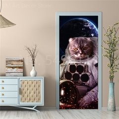 Imagem do Astronauta Adesivo de porta Lua Terra Planeta Espaço porta Papéis de parede Adesivo de parede 3D Peel and Stick Vinil Quarto sala de estar Decoração Poster DIY Móveis geladeira porta adesivos