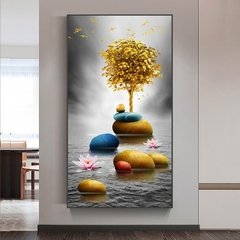 Arte de luxo moderna dourada, pedra dourada e árvore dourada, pintura de paisagem, imagens de arte para parede para sala de estar, decoração de casa (sem moldura)