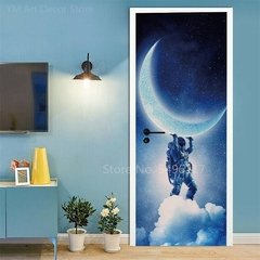 Imagem do Astronauta Adesivo de porta Lua Terra Planeta Espaço porta Papéis de parede Adesivo de parede 3D Peel and Stick Vinil Quarto sala de estar Decoração Poster DIY Móveis geladeira porta adesivos