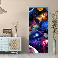 Imagem do Astronauta Adesivo de porta Lua Terra Planeta Espaço porta Papéis de parede Adesivo de parede 3D Peel and Stick Vinil Quarto sala de estar Decoração Poster DIY Móveis geladeira porta adesivos