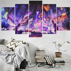 5 peças arte de parede pintura em tela futurista cidade neon pôster de noite moderno casa sala de estar imagens modulares para decoração