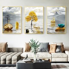 Abstracto árvore de ouro e pedra lago paisagem arte da pintura em tela quadros da arte da parede para sala estar decoração casa - loja online