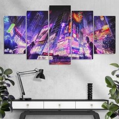 5 peças arte de parede pintura em tela futurista cidade neon pôster de noite moderno casa sala de estar imagens modulares para decoração