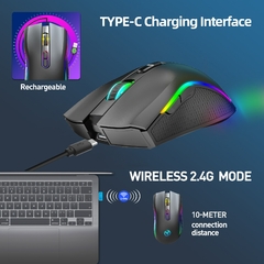 Mouse sem fio recarregável RGB Gaming, Ratos retroiluminados ergonômicos para