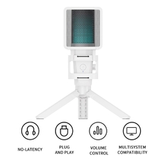 Zealsound-Microfone de Gravação Condensador USB, Branco RGB Streaming Mic para na internet