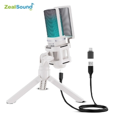 Zealsound-Microfone de Gravação Condensador USB, Branco RGB Streaming Mic para