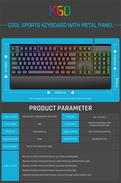 Teclado para jogos com fio USB retroiluminado, 104 teclas, Metal, Destacável, D