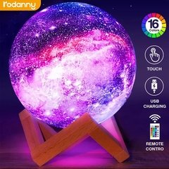 Rodanny 3d impressão lua lâmpada galáxia luz crianças noite 16 mudança de cor toque e controle remoto como presentes