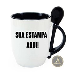 Caneca Personalizada de Cerâmica Branca com Alça, Interior e Colher - Preta