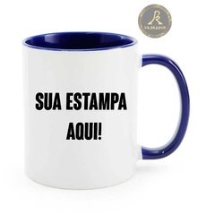 Caneca Personalizada de Cerâmica Branca com Alça e Interior Azul escuro.