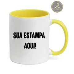 Caneca Personalizada de Cerâmica Branca com Alça e Interior amarela.