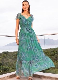 3691552 VESTIDO QUINTESS FLORAL FUNDO VERDE EM TULE