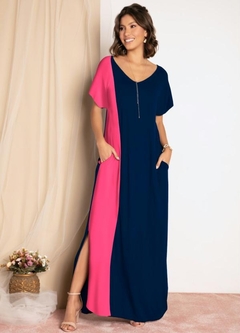 3531824 VESTIDO QUINTESS LONGO COM RECORTE VERTICAL AZUL E PINK