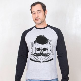 MANGA LONGA RAGLAN CINZA - BARBER SKULL