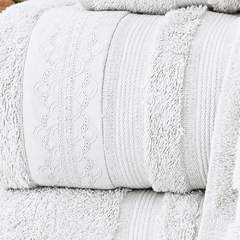 Coleção Sorelle - Jogo de toalha de banho 5 peças - Jogo de toalha de banho branca com barrado em algodão italiano 800 fios branco