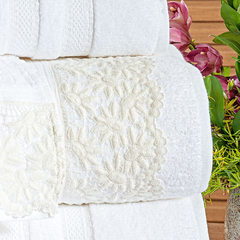 Coleção Marcheza enxoval em algodão egípcio - Jogo de toalha de banho 5 peças - Jogo de toalha de banho branca com renda branca em algodão egípcio