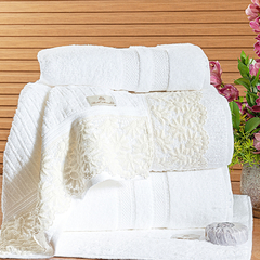 Coleção Marcheza enxoval em algodão egípcio - Jogo de toalha de banho 5 peças - Jogo de toalha de banho branca com renda branca em algodão egípcio - comprar online
