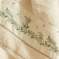 Coleção Olivo enxoval em algodão egípcio - Jogo de toalha de banho 5 peças - Jogo de toalha de banho palha com barrado bordado verde e palha