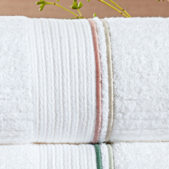 Coleção Terni - Jogo de toalha de banho 5 peças - Jogo de toalha de banho branca com barrado bordado rosa chá e prata