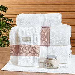 Coleção Victtori enxoval em algodão egípcio - Jogo de toalha de banho 5 peças - Jogo de toalha de banho branca com barrado bordado rosa chá - comprar online