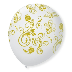 Balão Arabesco 9'' 23cm - Branco Com Dourado 25 unidades