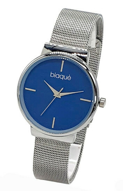 Reloj Blaquè BQ220PA Malla Metal Tejido Plateado fondo azul para dama