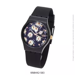 Reloj knock out malla de caucho de Dama KN8442 Negro fondo floreado margaritas