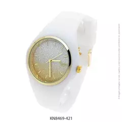 Reloj knock out malla de caucho de Dama KN8469 grande blanco glitter dorado degrade