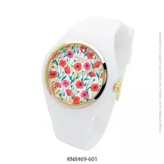 Reloj knock out malla de caucho de Dama KN8469 grande blanco flores rojas