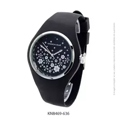 Reloj knock out malla de caucho de Dama KN8469 grande negro flores plateadas