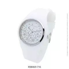 Reloj knock out malla de caucho de Dama KN8469 grande blanco flores plateadas