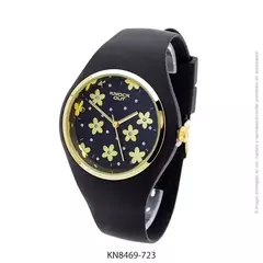 Reloj knock out malla de caucho de Dama KN8469 grande negro flores Doradas