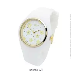 Reloj knock out malla de caucho de Dama KN8469 grande blanco flores doradas