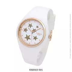 Reloj knock out malla de caucho de Dama KN8469 grande blanco con estrellas glitter