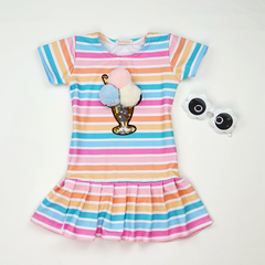 vestido infantil listras colorido sorvete pompom 