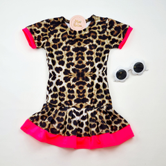 vestido infantil animal print onça neon pink malha confortável