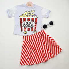 conjunto infantil saia blusa tule pipoca listras divertido