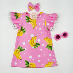 vestido infantil rosa poá bananas laço confortável 