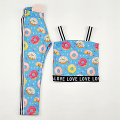 conjunto infantil top calça azul donuts doces love cropped