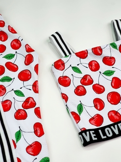 conjunto infantil frutas cereja branco vermelho top calça cropped