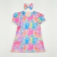 vestido infantil tie dye colorido laço rosa azul amarelo confortavel