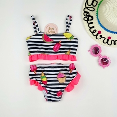 Biquini infantil listras branco preto frutas babado praia piscina