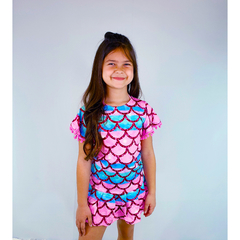 vestido infantil sereia rosa azul pompom barrado 