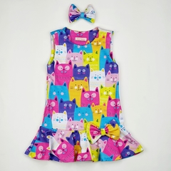 vestido infantil colorido gatinhos regata laço babado 