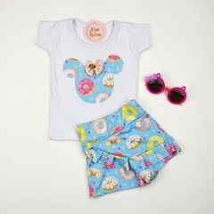 conjunto infantil short saia donuts minnie colorido azul