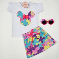 conjunto infantil saia blusa camuflado colorido minnie 