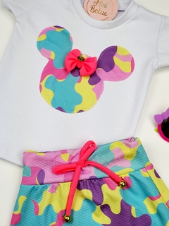 conjunto infantil saia blusa camuflado colorido minnie 