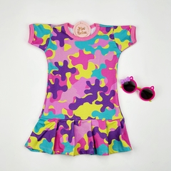 vestido infantil camuflado colorido rosa amarelo azul roxo verão