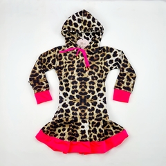 vestido blusa infantil animal print onça pantera neon rosa capuz manga longa