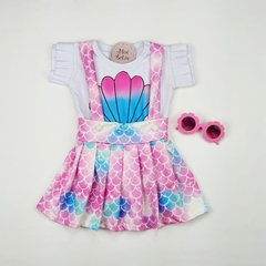 Conjunto Infantil Sereia Saia salopete blusa rosa branco